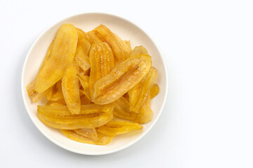 Banana slice chips on white background.