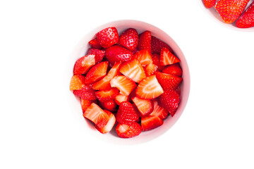top view bol of chopped fresh strawberries