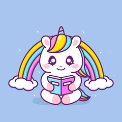 cute happy unicorn reading book with rainbow