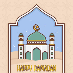 happy ramadan illustration with mosque and pattern