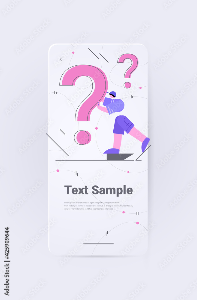 Poster frustrated man with question marks support center frequently asked questions concept vertical