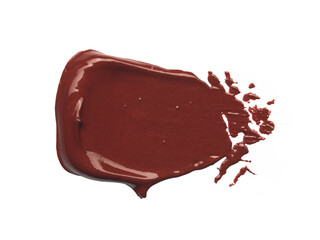 Liquid creamy smudged red lipstick isolated on white