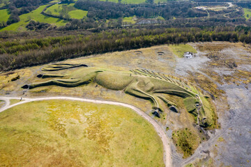Aerial view of a public earthwork of a pit pony above a closed coal mine