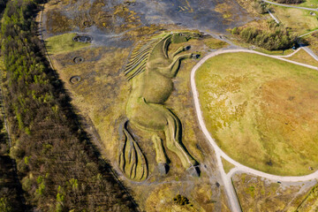 Aerial view of a public earthwork of a pit pony above a closed coal mine
