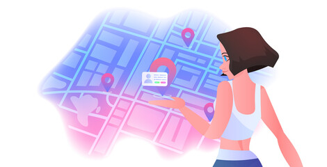 young woman choosing profile on city map social network global communication concept horizontal