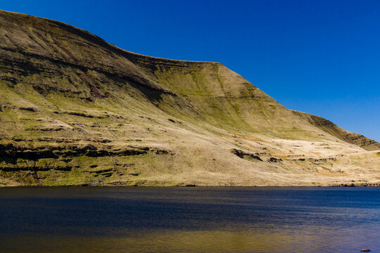 Aerial View Of A Beautiful Glacially Formed Lake In A Rural Setting (Llyn Y Fan Fawr)