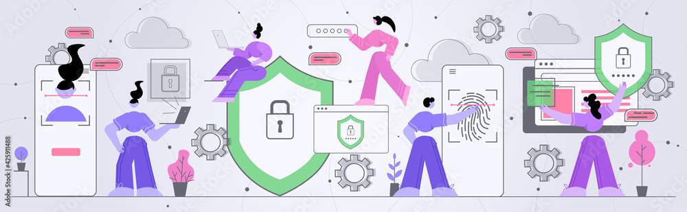 Poster people scanning face identity touching fingerprint scanner verification facial recognition process p