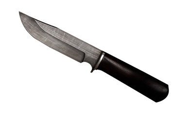 Knife made of Damascus steel with a wooden handle on a isolated white background.