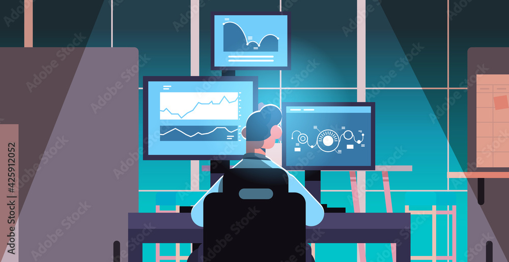 Poster man trader stock market broker analyzing charts graphs and rates on computer monitors at workplace c