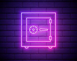 Glowing neon line Safe icon isolated on brick wall background. The door safe a bank vault with a combination lock. Reliable Data Protection. Colorful outline concept. Vector