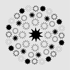 Round abstract ornament with black suns on a gray background. Vector, eps 10.