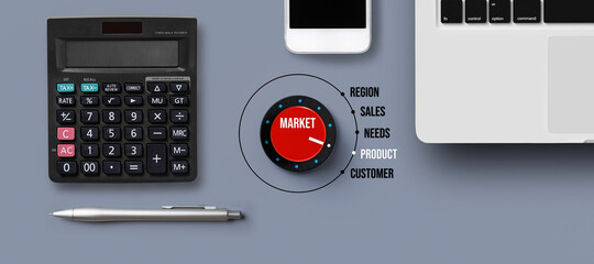 Business marketing research analysis and consumerism concept with a central red dial with the steps...