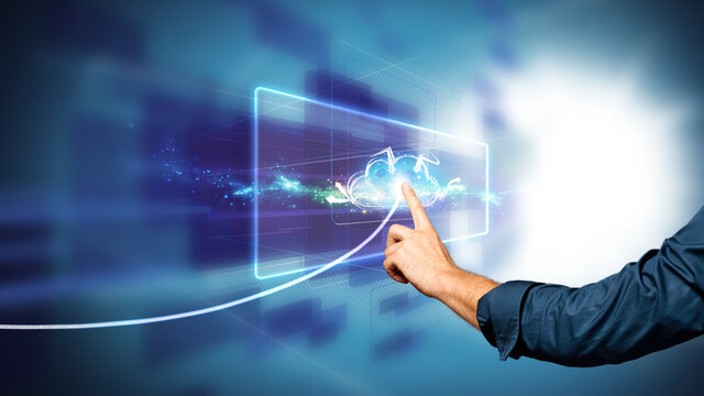 Man using a touch screen with glowing AI brain icon and power burst in a conceptual image of machine intelligence in banner format with copyspace