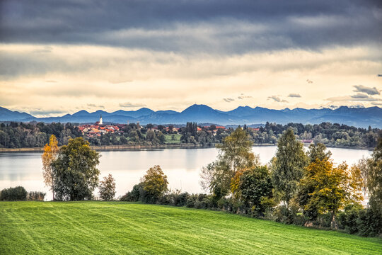 View at the lake at Waging, upper bavaria, germany, at a cloudy day