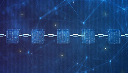 cubes interlocked with chains symbolizing a blockchain on abstract digital background