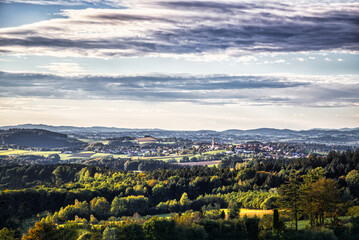 Fototapeta na wymiar Panorama view at the rural landscape between the small towns Obernzell and Wegscheid in lower bavaria, germany