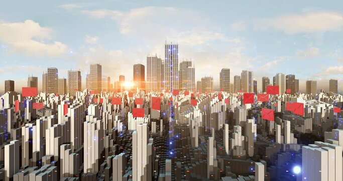 Email Symbols Flying Over The Futuristic Smart City Aerial. Technology And Social Media Related 4K CG Animations.