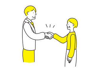 握手をするスーツ男性とシニア女性