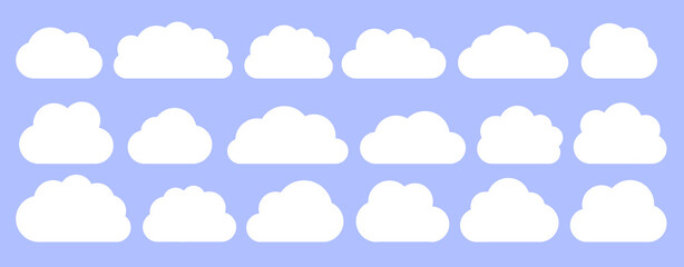 White flat vector cloud set. Clouds cartoon symbols on blue background with shadow for web site design, logo, app. Bubble icon collection for infographic design. Label and stickers
