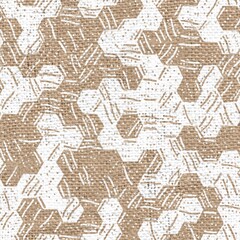 Seamless burlap with white paint pattern overlay. High quality illustration. Real burlap fabric texture with digital pattern on top for print in various surface design uses. Great for interiors.