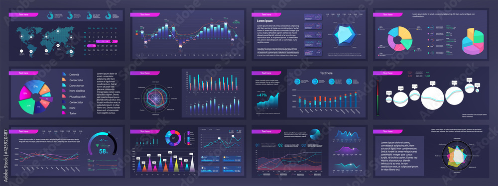 Poster Infographic dashboard mockups with pie charts, information, diagrams and graphs. Presentation slides online statistics and data analytics. Template gradient UI, UX, info panels. Vector graphics set