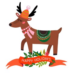 Vector amazing illustration of a Deer wearing a cute hat with a label Happy Holidays!