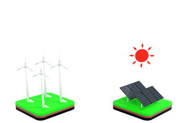 3D render of wind turbines and solar cells on green grass, green energy concept, 3D illustration.