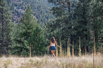 Fototapeta na wymiar A young woman walks along a path among the dry grass. Beautiful landscape with mountains, forest and large rocks on a sunny day. Recreation Area, I-90, Alberton, Montana, USA 9-3-2020