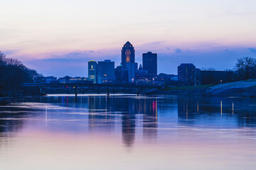 Reflections of the Des Moines Skyline in the Des Moines River at Sunset