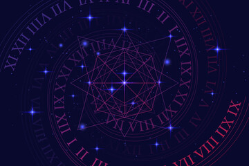 Astrology and numerology concept with zodiac signs and numbers over starry sky