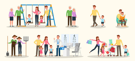 Set of Happy family people mother, father, grandparents and children together character vector design. Presentation in various action with emotions, running, standing and walking. no4