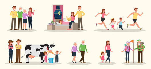 Set of Happy family people mother, father, grandparents and children together character vector design. Presentation in various action with emotions, running, standing and walking. no5