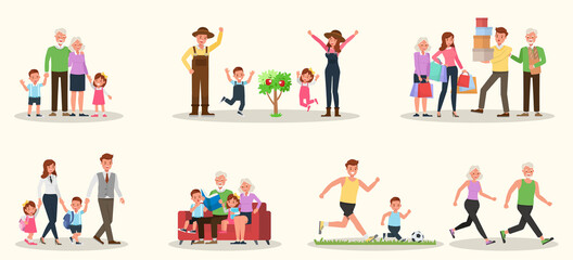 Set of Happy family people mother, father, grandparents and children together character vector design. Presentation in various action with emotions, running, standing and walking. no6