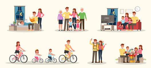 Set of Happy family people mother, father, grandparents and children together character vector design. Presentation in various action with emotions, running, standing and walking. no8