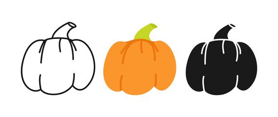 Pumpkin cartoon set line icon, black glyph style. Autumn Halloween or Thanksgiving pumpkin symbol. Rural orange squash vegetable collection. Hand drawn garden concepts vector illustration