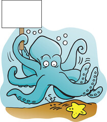 Cartoon illustration of a large octopus with a background holding a sign.
