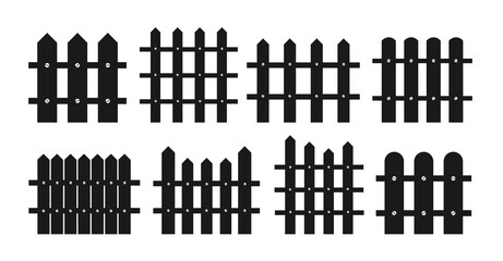 Fence black silhouette flat cartoon set. Rural wooden fences, pickets garden wood wall house concepts. Hand drawn picket, pasture, fence and wall, collection. Isolated vector illustration