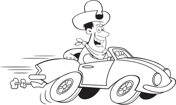 Black and white illustration of a smiling man in a cowboy hat driving a sports car.