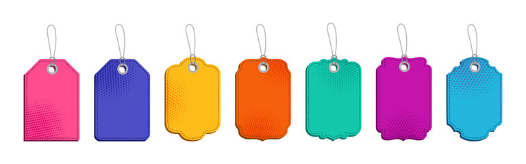 Colored price tag sale different shapes template set. Advertising price stickers banner, promotion price collection. Vintage textured labels. Big sale, special offer. Isolated vector illustration