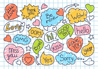 Speech bubble sketch doodle set, background in cage, notebook. Pop art design elements dialog clouds with text banner. Speech thought blobs icon comics book. Hand drawn cartoon vector illustration