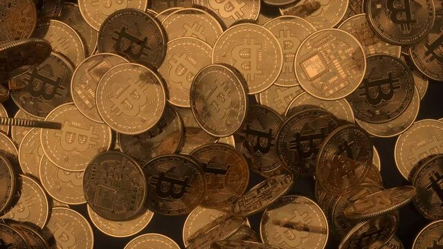 Bitcoin Cash (BCC) coin fall on the black table. Money futuristic network business concept. Digital background. Virtual reality, cyber. Blockchain technology, mining concept. 3d animation of 4K