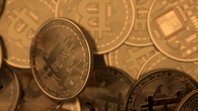 Bitcoin Cash (BCC) coin fall on the black table. Money futuristic network business concept. Digital background. Virtual reality, cyber. Blockchain technology, mining concept. 3d animation of 4K