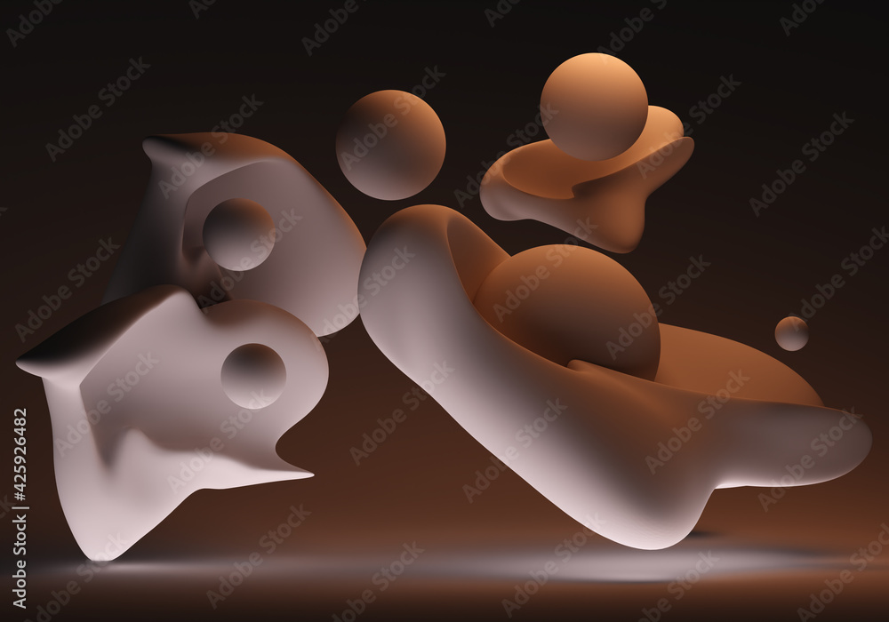 Poster 3d background. brown geometric background. three-dimensional elements in zero gravity. abstract text