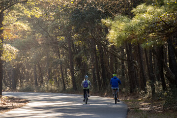 couple riding bikes through Huntington Beach State Park