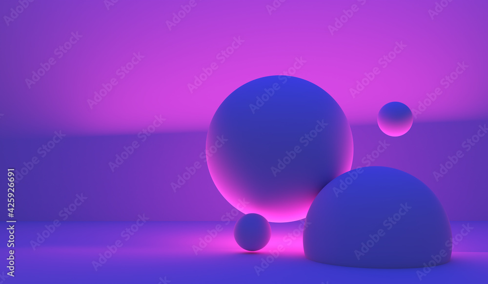 Poster abstract background with spheres. blue-pink balloons in neon lighting. fancy geometric background. 3