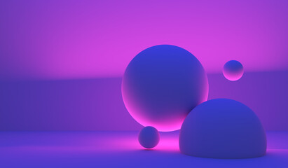 Abstract background with spheres. Blue-pink balloons in neon lighting. Fancy geometric background. 3d elements in bright lighting. Geometric background with space for text.