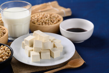 Sliced tofu, soybean seeds, soy milk and soy sauce. Healthy vegan food