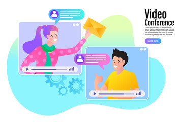 man and woman in video conference with colleagues. Teleconference for work from home concept. Videoconferencing and online meeting workspace.