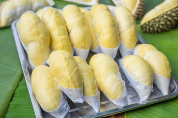 The golden yellow durian is placed on a stainless steel tray with a banana leaf background. Ripe durian, the king of fruits of Thailand
