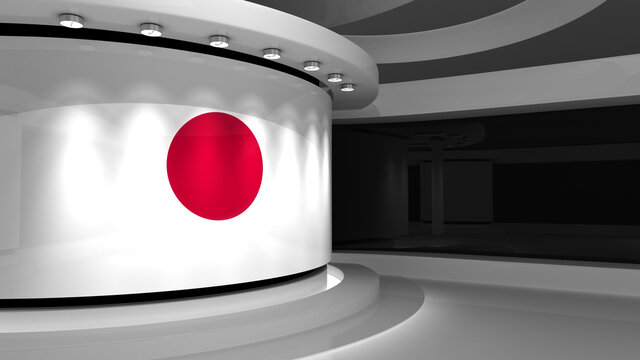 Japan. Japanese flag background. TV studio. News studio. The perfect backdrop for any green screen or chroma key video or photo production. 3d render. 3d